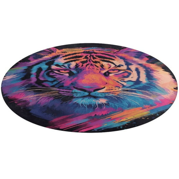Tiger Animal Graffiti Floral Medallion Round Rug - Small Round Area Rug, Soft Non-Slip Machine Washable Bedroom Mat Indoor Accent Entry Carpet for Office Desk Dorm Hallway
