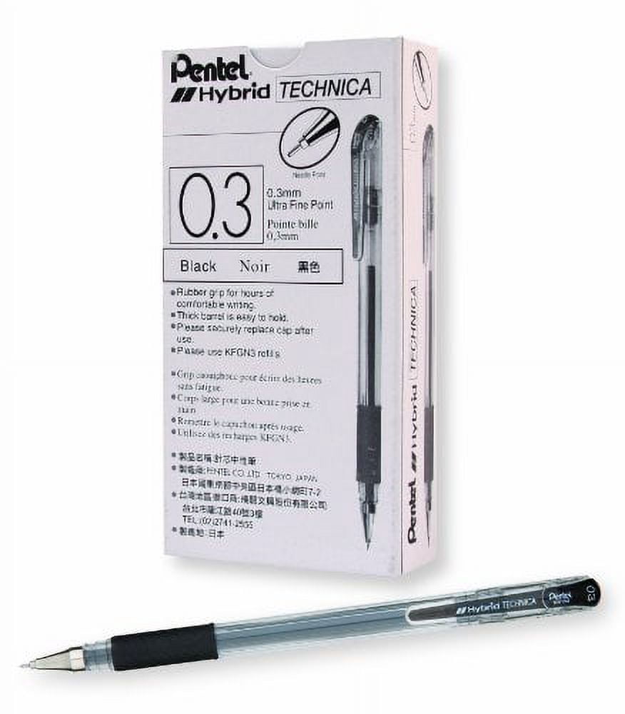 Pentel Arts Hybrid Technica 0.3 mm Pen, Ultra Fine Point, Black Ink, Box of 12 (KN103-A)