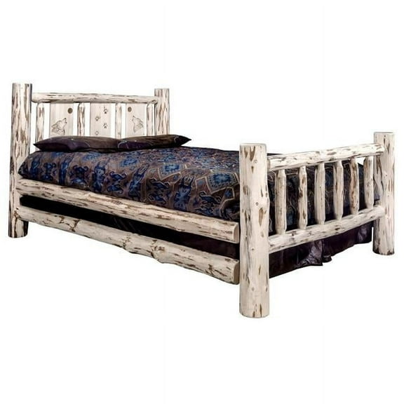 Montana Collection Queen Bed w/ Laser Engraved Wolf Design, Clear Lacquer Finish