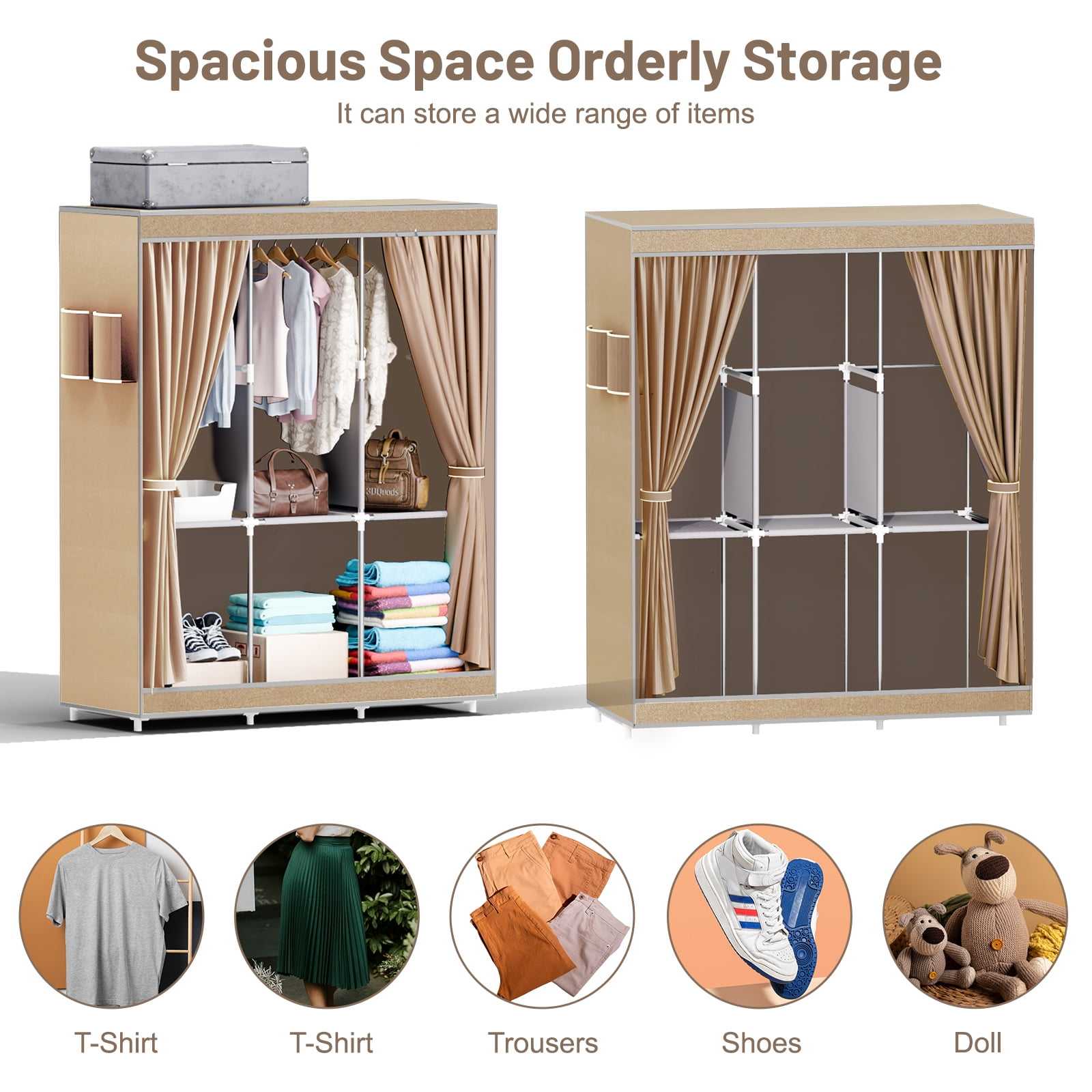 Non-Woven Fabric Closet Organizers and Storage with Cover, Portable Wardrobe Closet Storage, Dustproof Clothing Rack Shelf, Beige