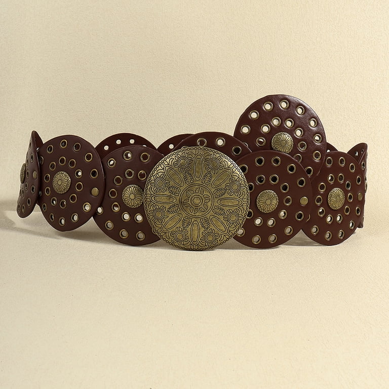 2281 Western Women Leather Belt Concho Disc Waist Belts Ladies Vintage Wide Y2K Concho Disc Belt: Vintage Style Faux Leather Boho Belt  main image 4
