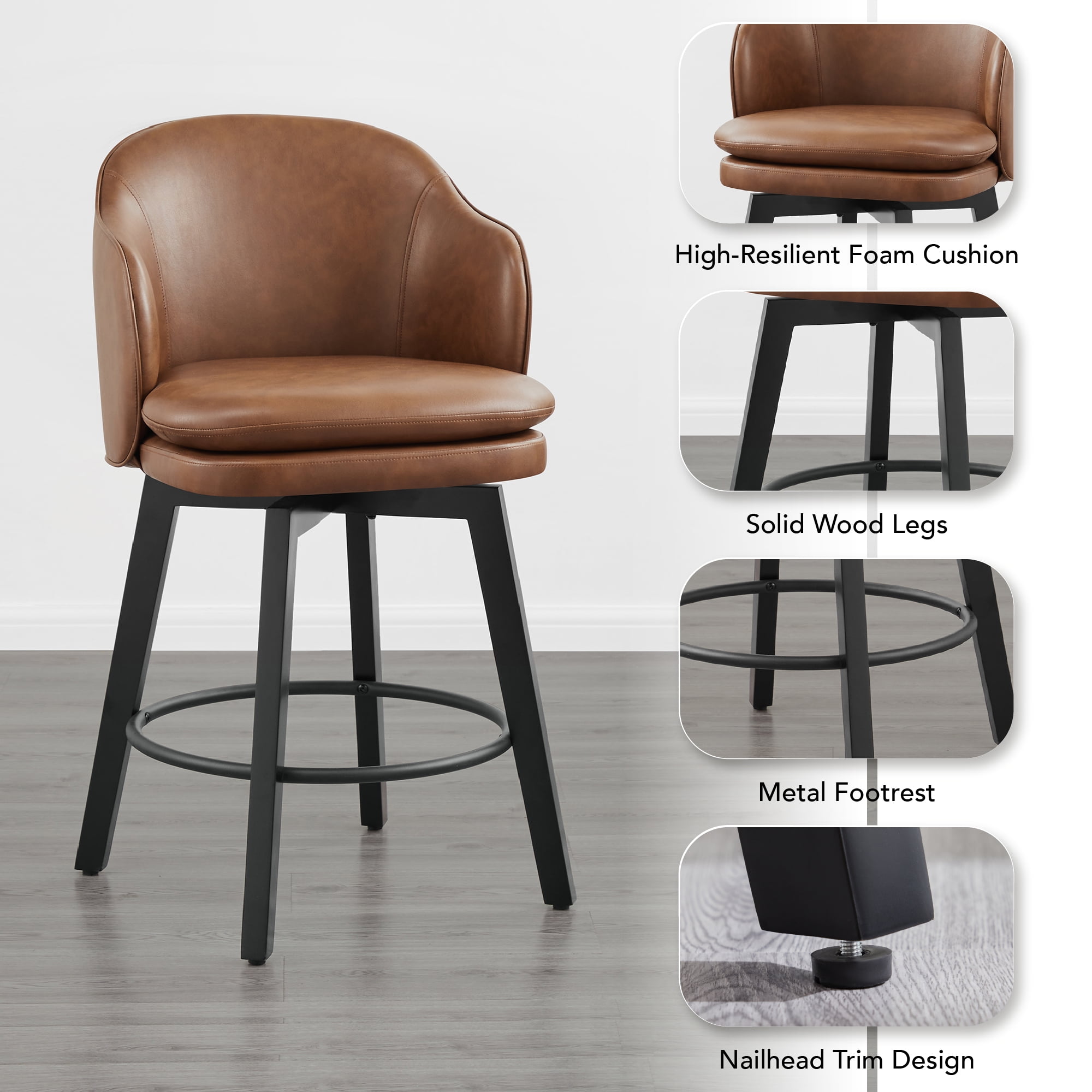 Spruce & Spring Counter Height Swivel Bar Stool with Curved Back and Arms Single, Brown, Faux Leather