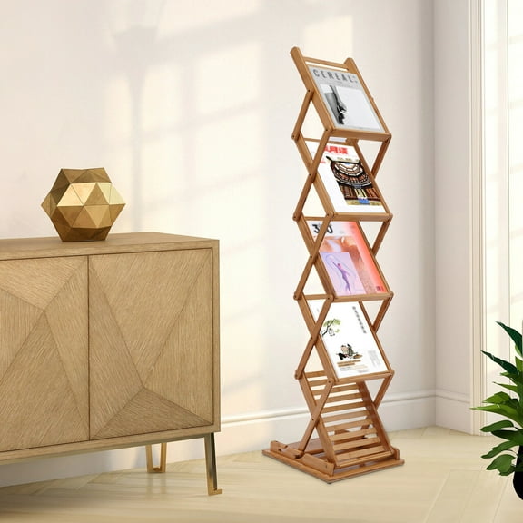 Heavy Duty Bamboo Magazine Rack 5 Layers Foldable File Shelf Pop-up Book Stand