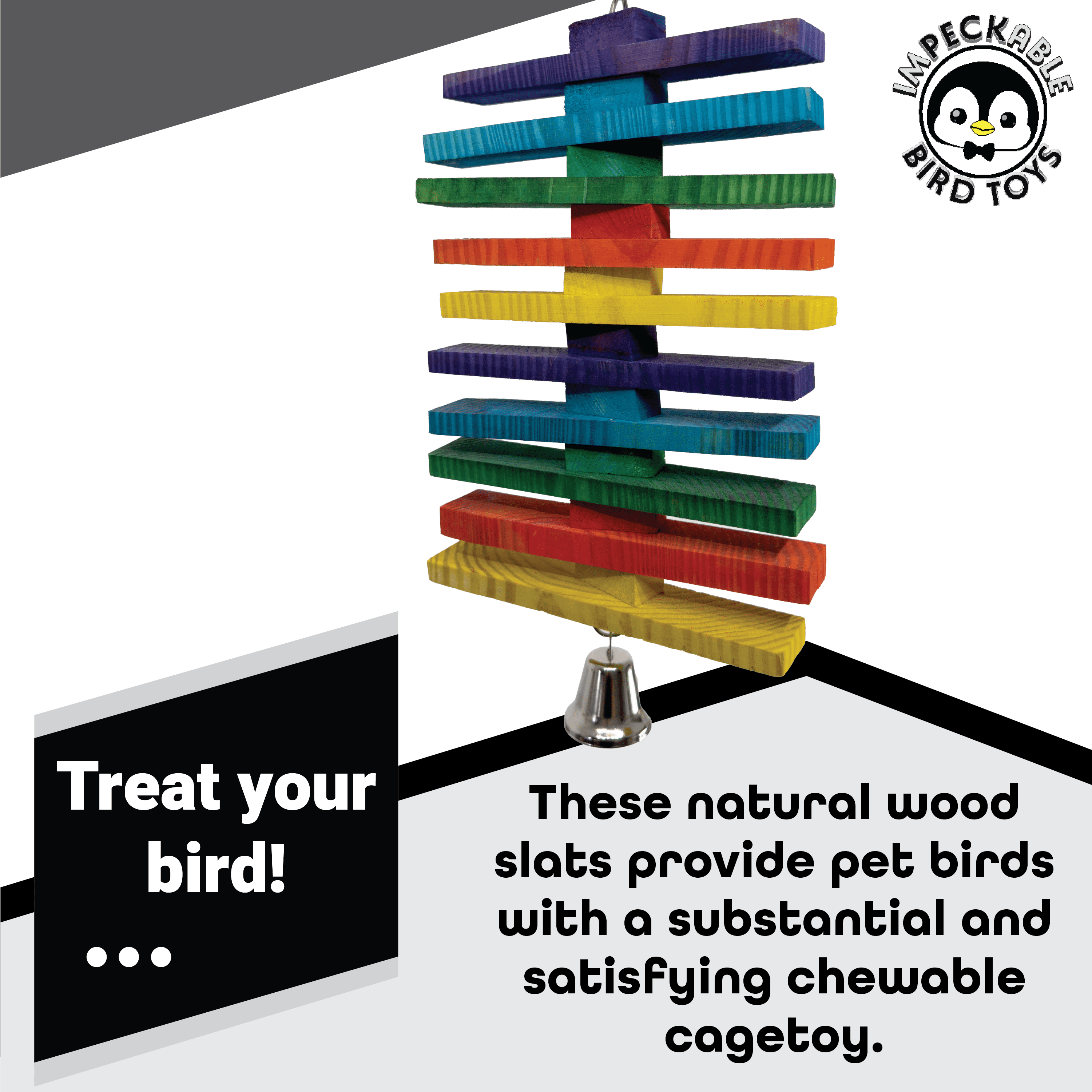 Impeckable Bird Toys 1812 Medium Rainbow Slat Climber made of colorful wood slats with bell and chain for climbing and chewing, handcrafted by us for medium to large parrots like Greys Amazons