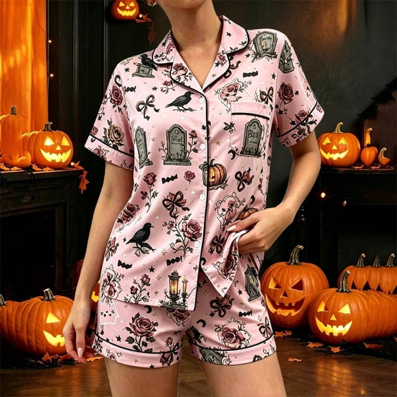 2 Piece Halloween Short Pajama Set for Women Short Sleeve Shirt Fall Winter Casual Soft Sleepwear Purple L