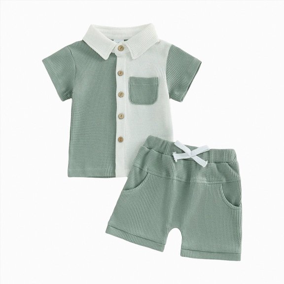 KPOPLK Button Up Toddler Baby Boy Outfit Set Summer Boy Casual Short Sleeve Shirt Top and Shorts Set Clothes(12-18 Months,Green)
