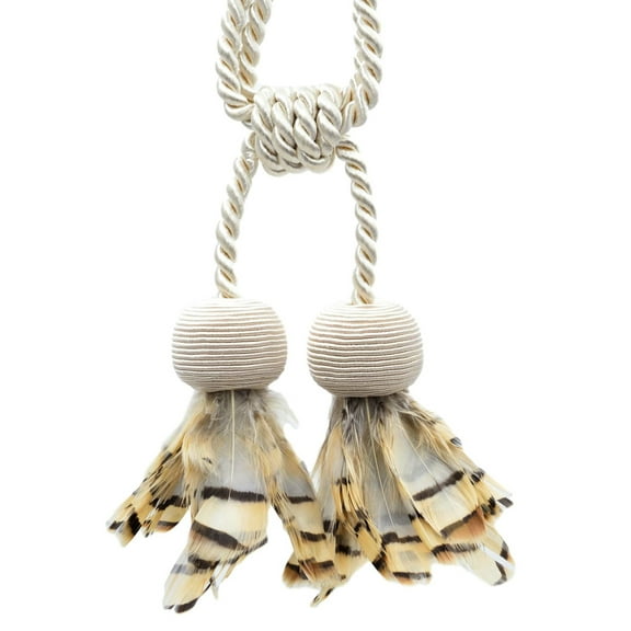 DECOPRO Unique Pheasant Feathered Double Curtain Tassel Tieback, Tassel Length 3" (7.5cm), Spread 24" (61cm) # TBFEATHER3, Cream Ivory #A2 (Ivory / Cream) Set of 2