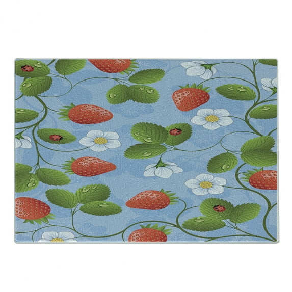 Ladybugs Cutting Board, Strawberries Daisies and Ladybugs Looks Like Ivy Plant Spotted Insects Image, Decorative Tempered Glass Cutting and Serving Board, Small Size, Blue Green Red, by Ambesonne
