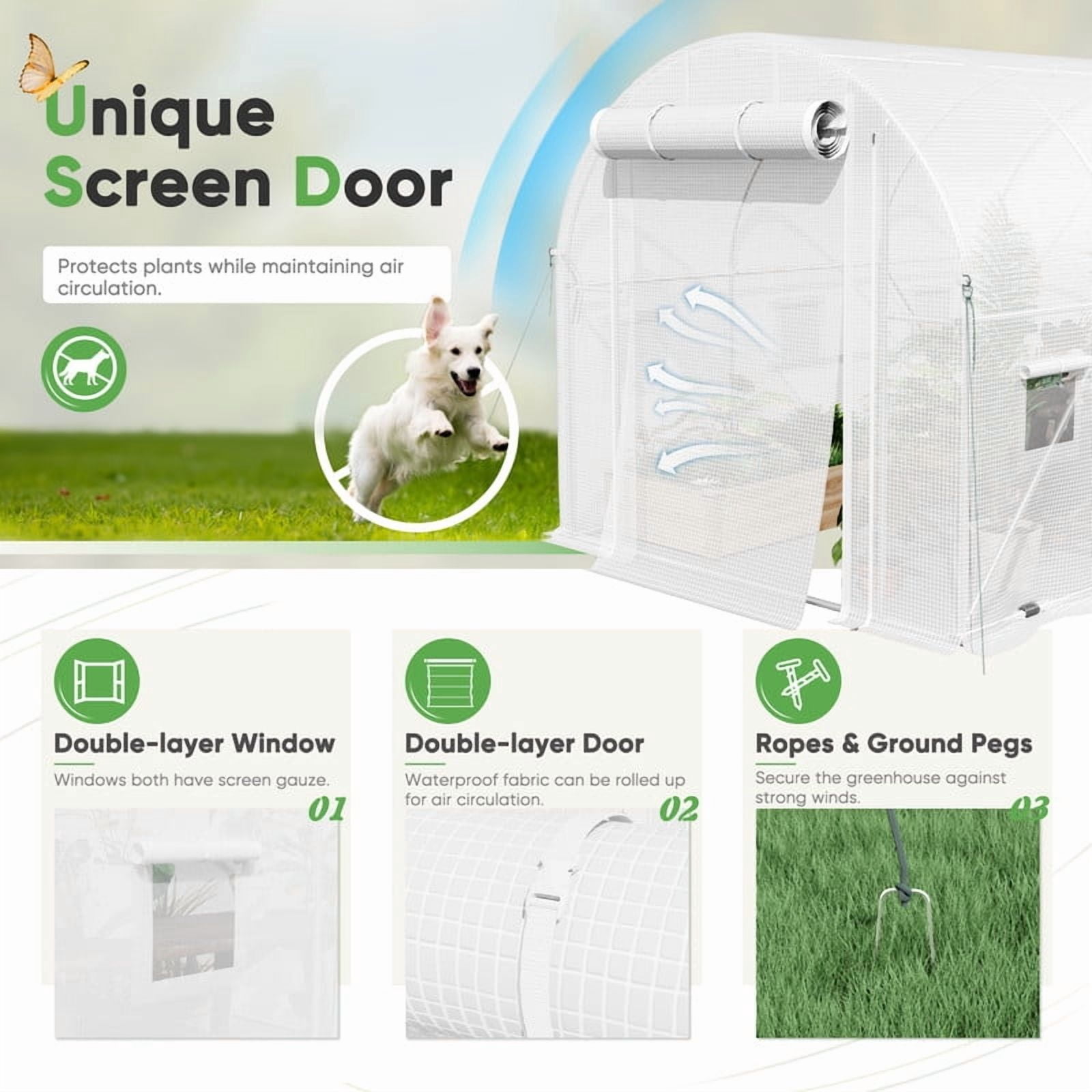 Homall 10 x 6.5 ft Patio Greenhouse with Zippered Door & 6 Roll-up Windows, Outdoor Walk-in Tunnel Greenhouse with Galvanized Frame & Waterproof , White