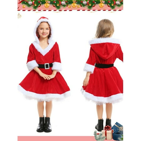 

Canrulo Infant Toddler Baby Girls Christmas Hood Dresses Long Sleeve Plush A-Line Dress with Belt Party Clothes Red 2-3 Years