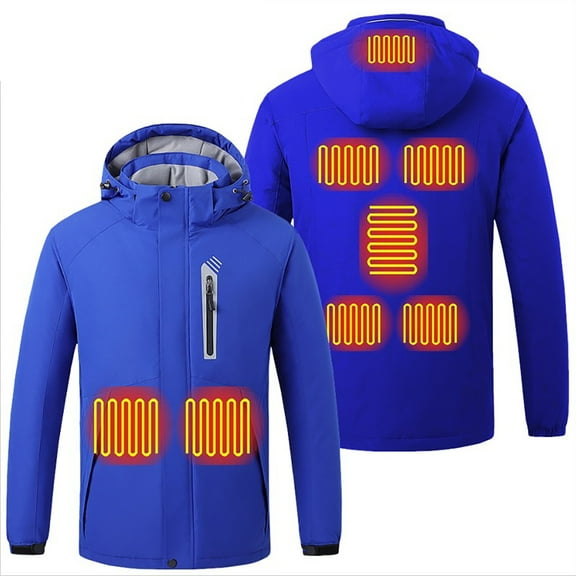sususu Men's USB Heated Jacket with Detachable Hat Windproof Area Heating Coat for Outdoor Hiking Charging - Blue