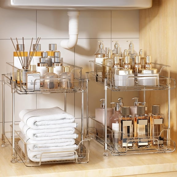 PHANCIR 2-Pack Under Sink Organizer Storage, 2-Tier 11.4" Tall Under Sink Storage Organizer, Clear