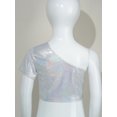thumbnail image 4 of Yhong Kids Girls Shiny Sparkly One Shoulder Short Sleeve Dance Crop Top Hip Hop Street T-Shirts Silver 160, 4 of 7