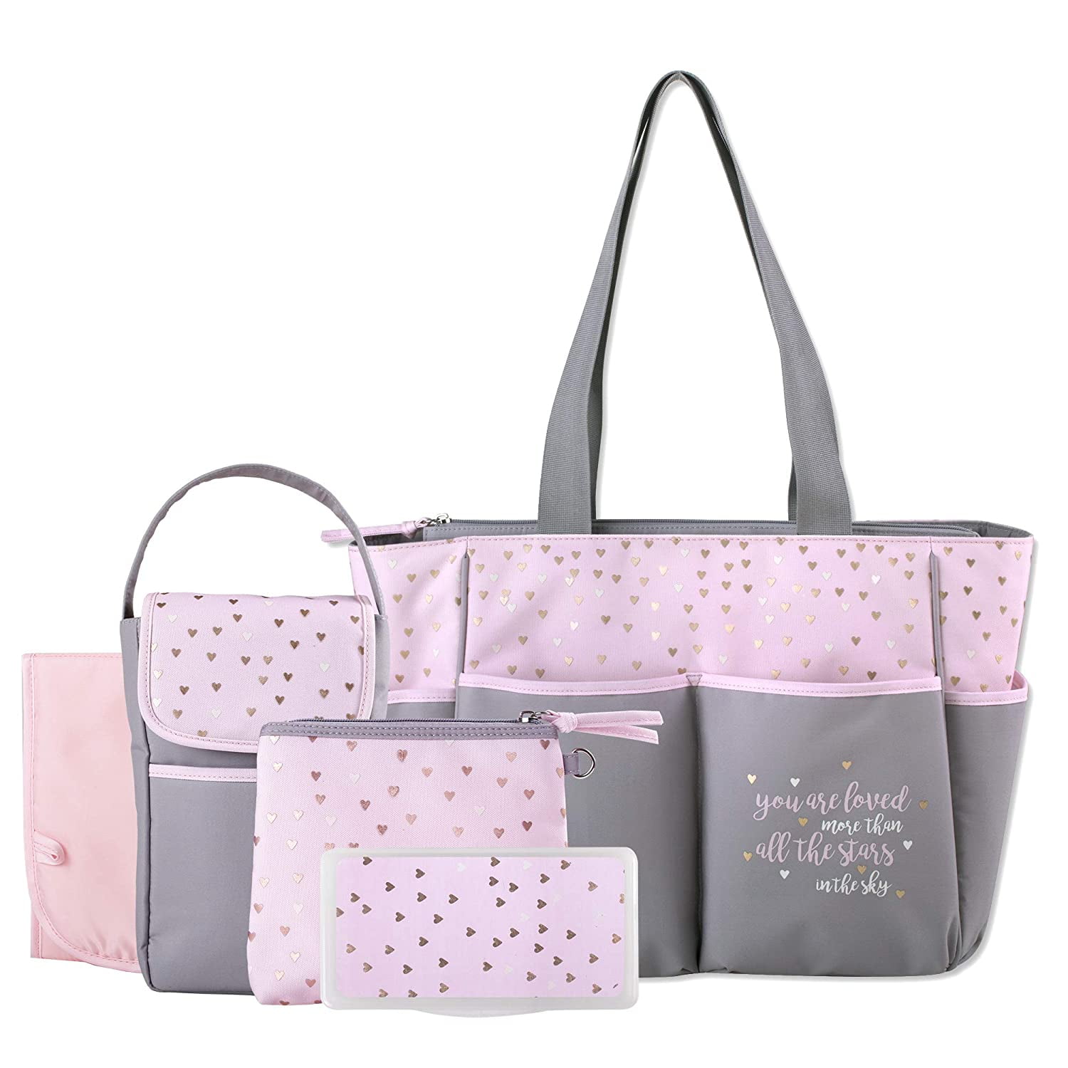 Diaper Bag Tote 5 Piece Set with Sun, Moon, and Stars, Wipes Pocket