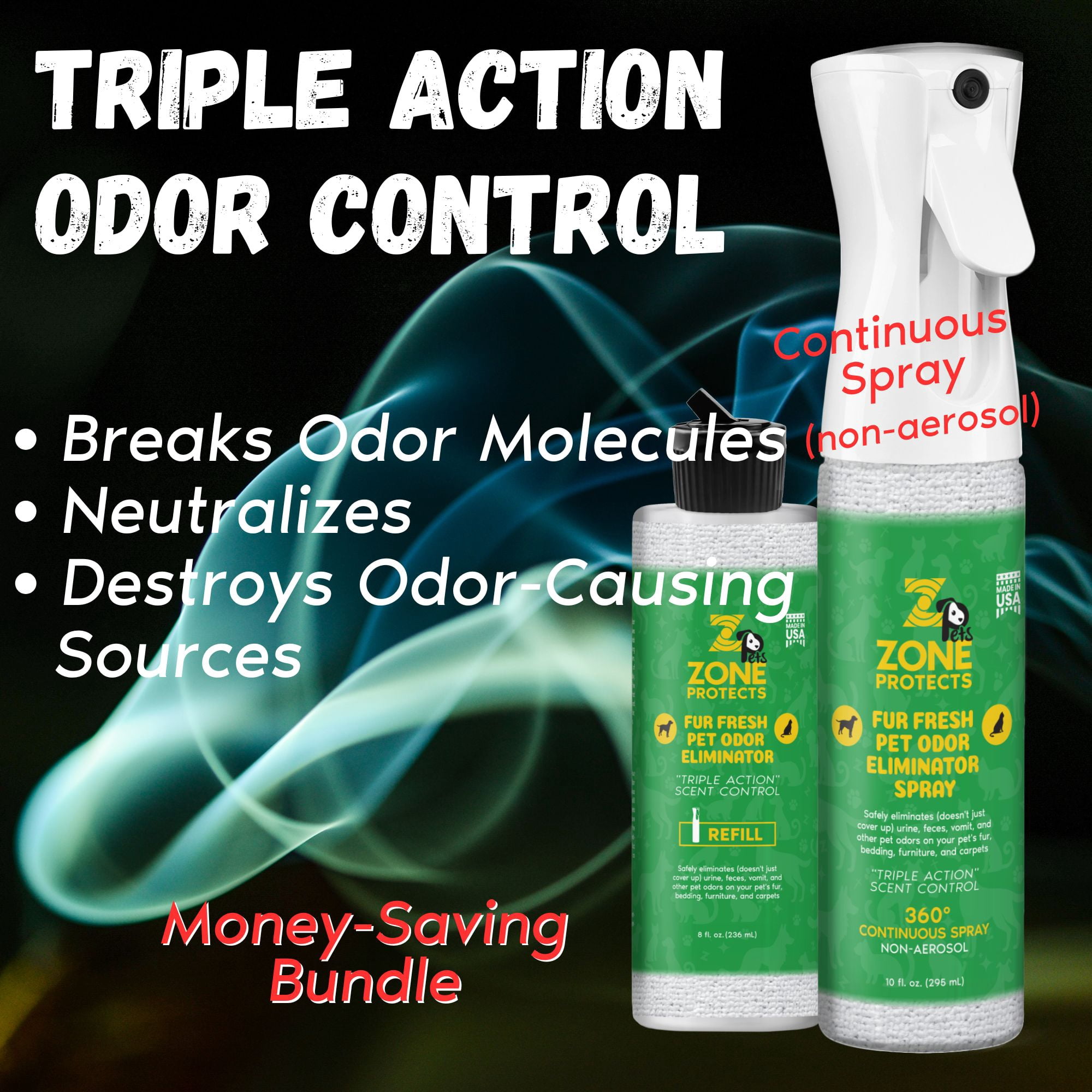 Zone Protects Pets Fur Fresh Pet Odor Eliminator Bundle; Triple Action Continuous Spray + Refill
