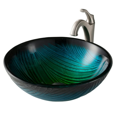 KRAUS 17-inch Green Glass Nature Series™ Bathroom Vessel Sink and Spot Free Arlo™ Faucet Combo Set with Pop-Up Drain, Stainless Brushed Nickel Finish