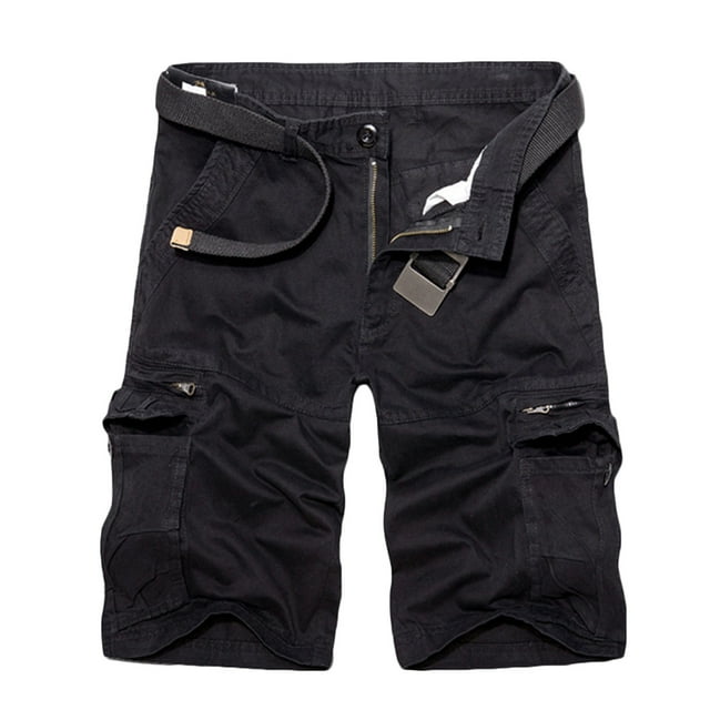 Penkiiy Men Casual Solid Fashion Zipper Button Pockets Cropped Cargo Shorts L Black
