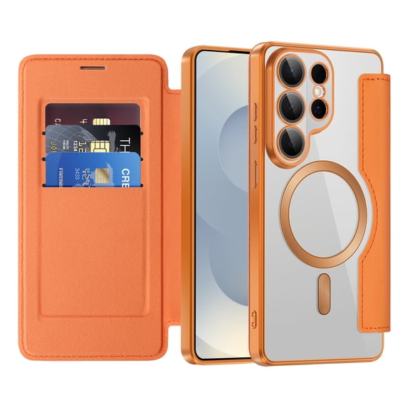 ELEHOLD Leather Wallet Case for Samsung Galaxy S26 Ultra Built-in Lens Protector ,Compatible with Mag-safe Accessories, Shockproof RFID Blocking Card Slot Magnetic Cover , Orange