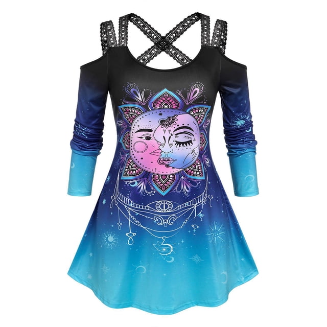 Camiseta Talla Extra Estampado Sol y Luna Rosegal Mangas largas de talla grande