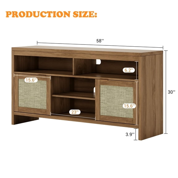 Yeshouse Boho TV Stand for TV Up to 65 Inch,58" Modern Rattan Entertainment Center with Storage and Adjustable Shelves,Wooden TV Console Cabinet with Doors for Living Room/Bedroom/Farmhouse(Brown)