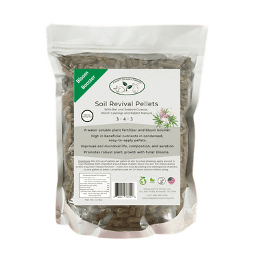 Soil Revival, Bloom Booster and Soil Conditioner Pellets, Organic. 3-4-3 NPK.  Bat and Seabird Guanos with Rabbit Manure, Worm Castings and Alfalfa Meal, 1.5lb bag