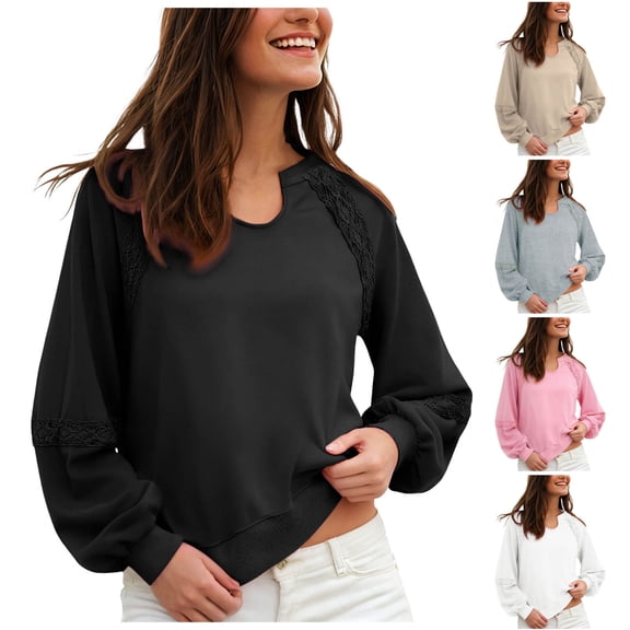 idosla Womens Retro Lantern Sleeve Tops Round Neck with Lace Trim Sweatshirt Casual Ribbed Cuffs Pullover Top (Grey, XXL)