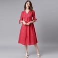 thumbnail image 3 of Janasya Summer V-Neck Half Sleeve Checkered Red Cotton Loose Midi Dress For Women, 3 of 7