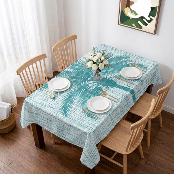 Teal Palm Tree Table Cloth Waterproof Tablecloths, Tropical Summer Coastal Vintage Turquoise Tablecloth Dining Table Cover for Kitchen Party Tabletop Outdoor, Rectangle Tablecloth 60x84 Inch