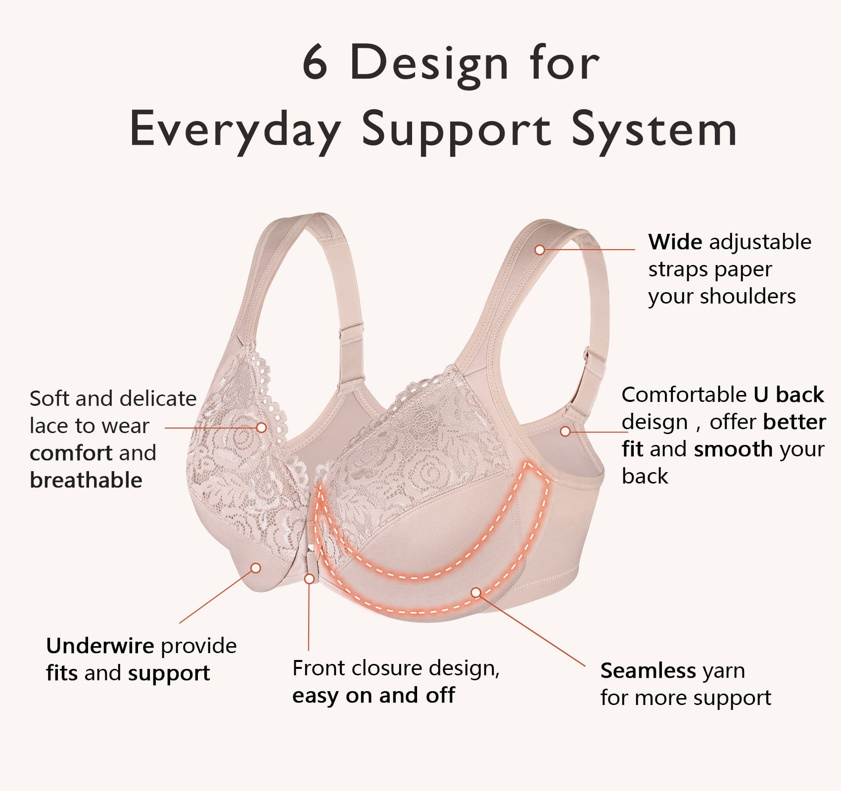 Exerin Women's Plus Size Front Closure U-Back Underwire Wide Strap Everyday Bra(Beige,46C)