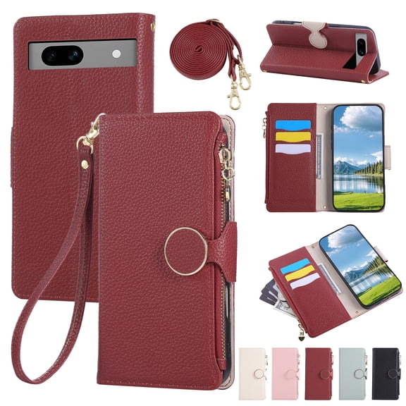 Wallet Case for Google Pixel 8a with Card Holder PU Leather Magnetic Clasp Zipper Pocket Crossbody Phone Case with Wrist Strap Shoulder Strap Fit for Google Pixel 8a, Red