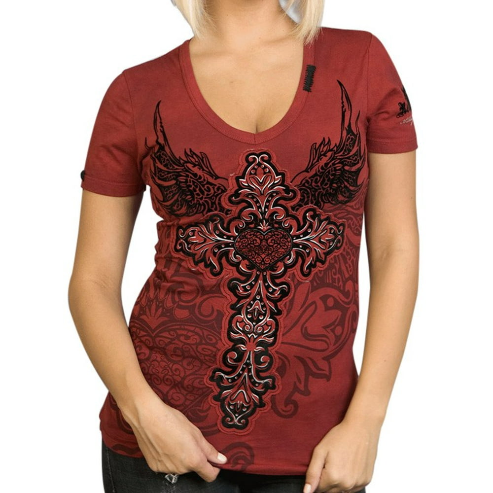 Rebel Spirit Clothing - Rebel Spirit V Neck Cross and Wings T-Shirt ...