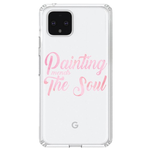 DistinctInk Clear Shockproof Hybrid Case for Google Pixel 4 XL (6.3" Screen) - TPU Bumper Acrylic Back Tempered Glass Screen Protector - Painting Mends the Soul