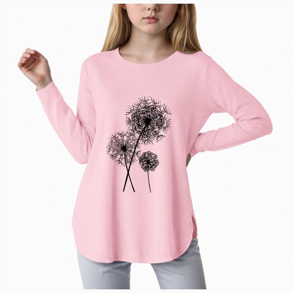 Linfrsh Gils Dandelion Sweatshirt Floral Graphic Shirt Toddler Girls Casual Crewneck Tee Loose Long Sleeve Pullover Tops(Pink,9-10 Years)