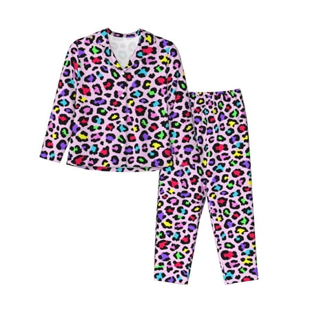 Pajamas for Women Set - fashion rainbow leopard pink Comfy Long Sleeve Button Up Pajama Sets for Women 2 Piece  Soft Sleepwear Nightwear Pjs Lounge Sets for Women with Pockets