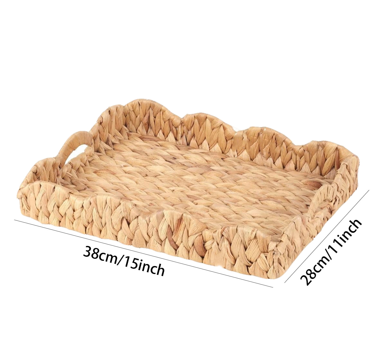 Rectangle Wicker Scalloped Tray, Handwoven Rectangular Tray with Scalloped Edge, Natural Water Hyacinth Serving Basket with Handles, 15x11 Inch Decorative Organizer for Home & Parties