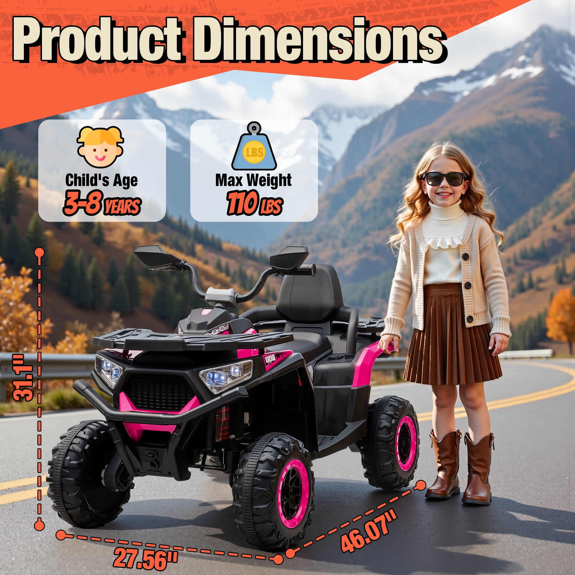 Joyracer 800W 4WD 24V Kids ATV w/ Remote Control 2 Seater 24 Volt Ride on Toys for Toddlers Power Car Wheels w/ Kneepads, Bluetooth Music, Pink