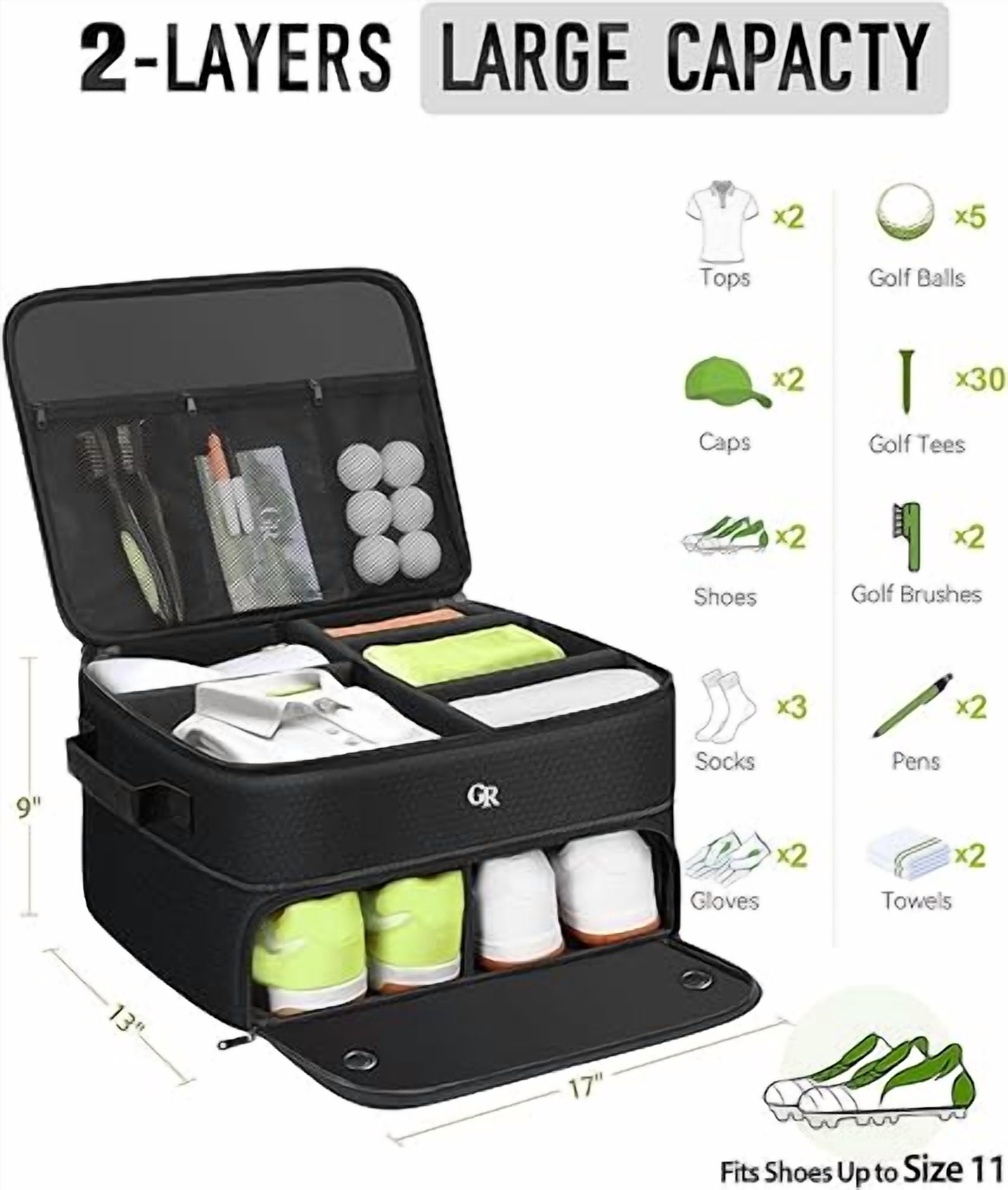 Odor-Absorbing 2-Layer Golf Trunk Organizer with Activated Carbon Fabric - Water-Resistant Golf Shoe Bag for Shoes Balls Tees Clothes Gloves Golf Accessories, Fathers Day Dad Gifts for Men