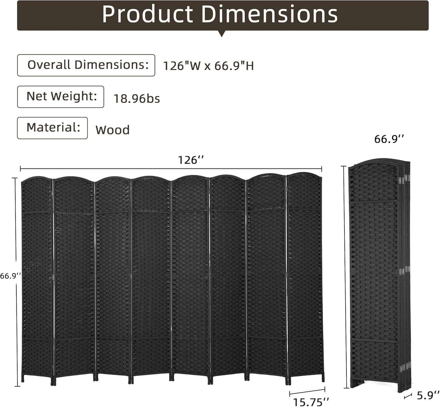 CL.HPAHKL 8 Panel Room Divider, Folding Privacy Screen 5.57 FT Tall Portable Wooden Wall Divider, Black