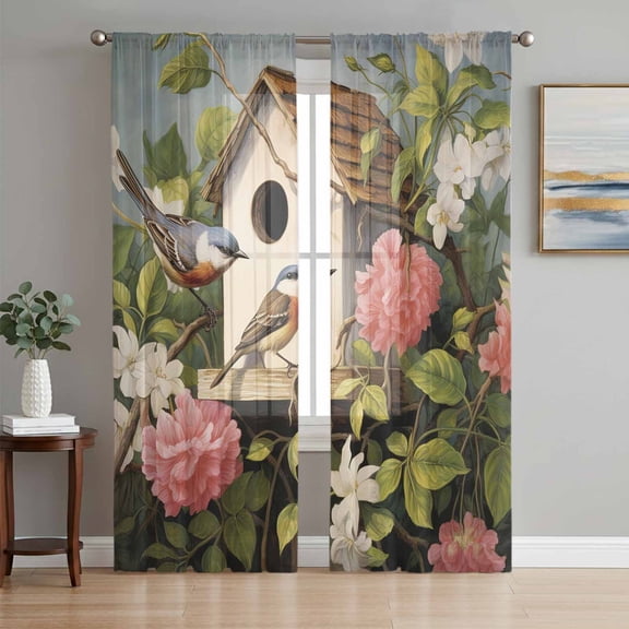 Vintage Birdhouse Semi Sheer Window Curtains 72 Inches Long, Spring Floral Birds Botanical Rod Pocket Voile Silky Chiffon Curtain Light Filtering Drapes for Living Room, Kitchen, 52"x72", 2 Panels