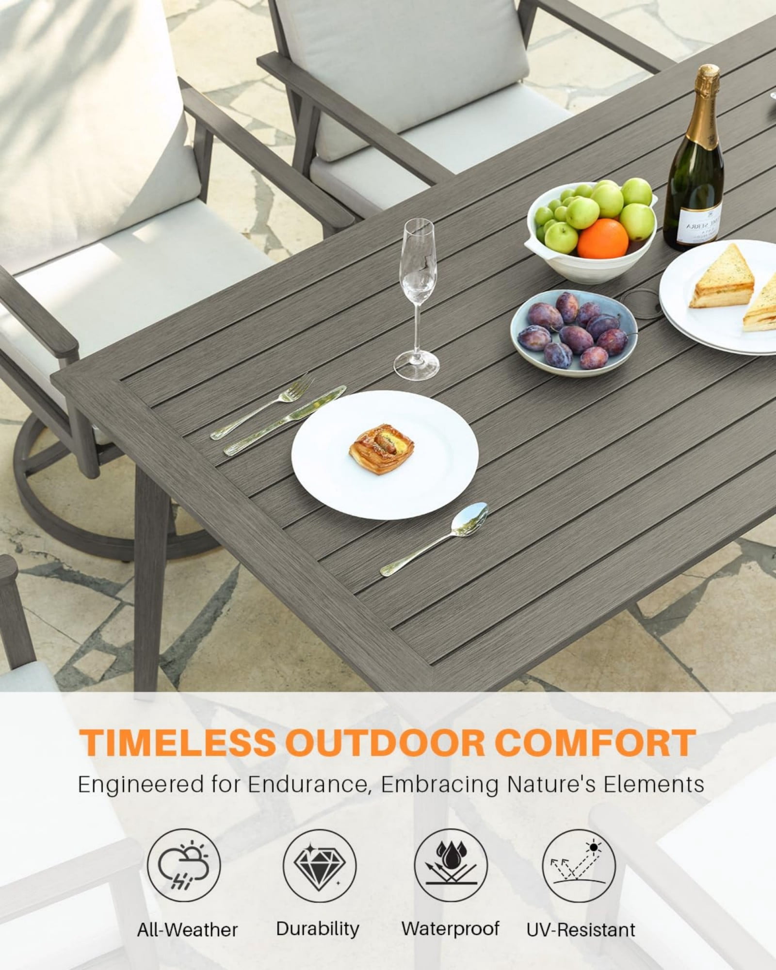 Outdoor Patio Dining Table for 8, Aluminum Outdoor Dining Table with Umbrella Hole, All Weather Patio Table for Garden, Deck, Porch, Lawn, Backyard Furniture, Gray