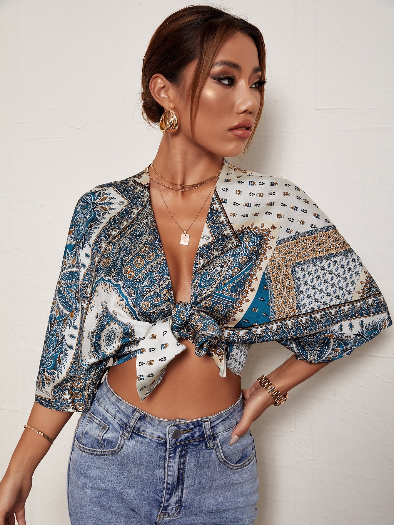 Women's Scarf Print Tie Front Crop Top 