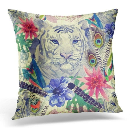 CMFUN Vintage with White Tiger Head Feathers Exotic Flowers and Leaves and Maharajah Sketches Pillow Case Pillow Cover 20x20 inch