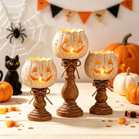 QuickGo Rustic White Pumpkin Tealight Candle Holder Set, Farmhouse Halloween Pumpkin Tea Light Candle Holders Decor, Fall Tables Centerpieces for Thanksgiving & Halloween Party