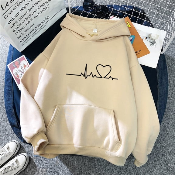Baqcunre Women's Autumn and Winter Simple Print Long-Sleeved Hooded Love Zipper Hoodie Y2K Hoodies Womens Hoodies Graphic Hoodie Womens Sweatshirt Beige L