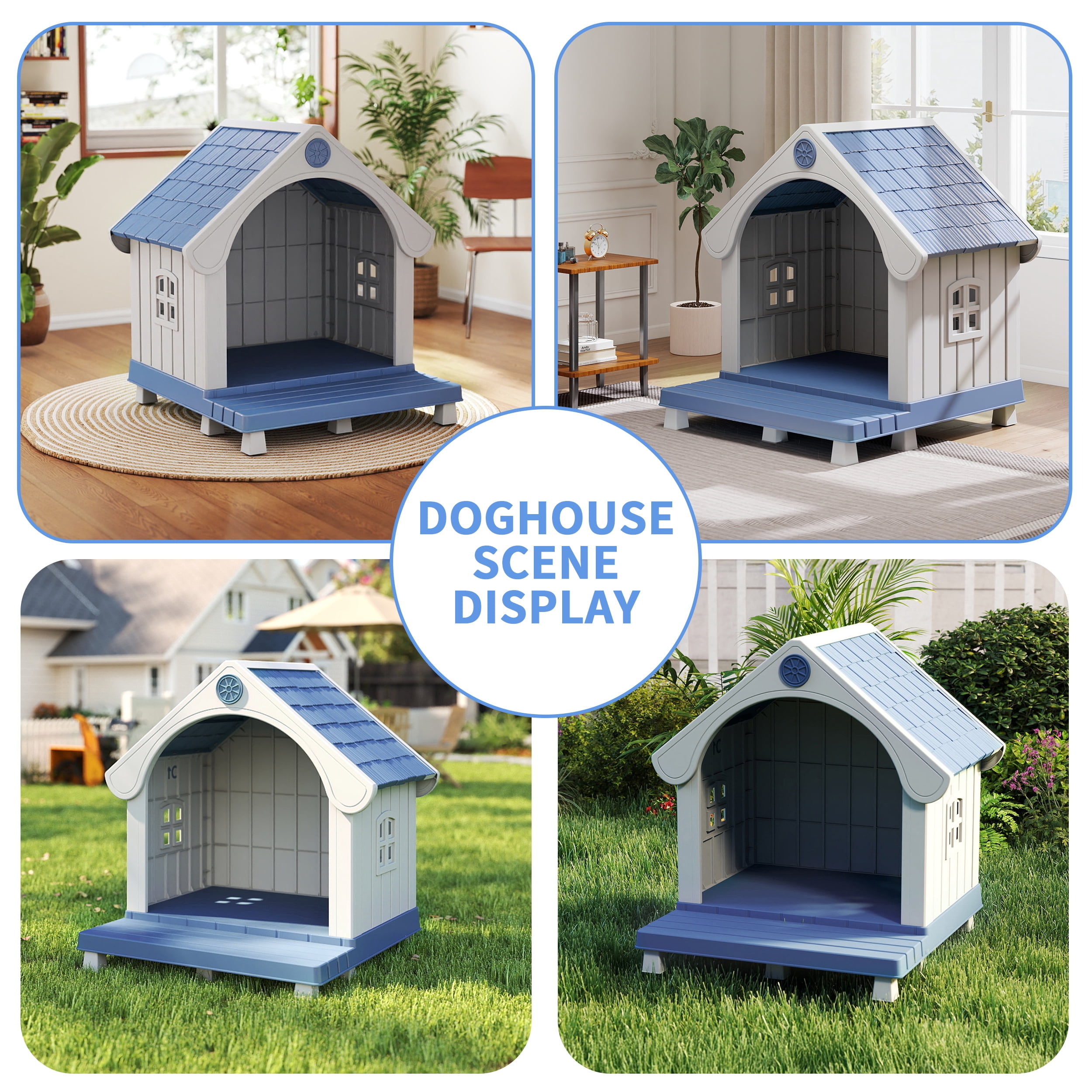 fazzn Elevated Resin Dog House with Porch, Weatherproof Outdoor Pet Shelter for Small to Medium Dogs, Easy Assembly & Durable.Blue,Father's Day Gift