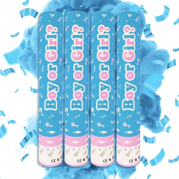 Gender Reveal Confetti Cannons (4 Pack)｜Blue Powder Poppers, Non-Toxic Corn Starch, Safe Smoke Bombs for Baby Shower Gender Reveal Party Decor
