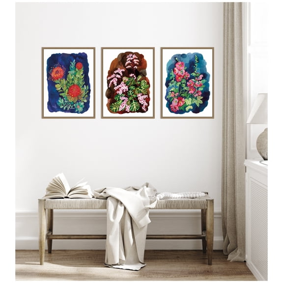 Kate and Laurel Proteas in Blue & Hollyhock 3 Piece Framed Canvas Wall Art Set by Lucia Gianello, Sylvie Dark Gold Whimsical, Flower Art for Wall Decor