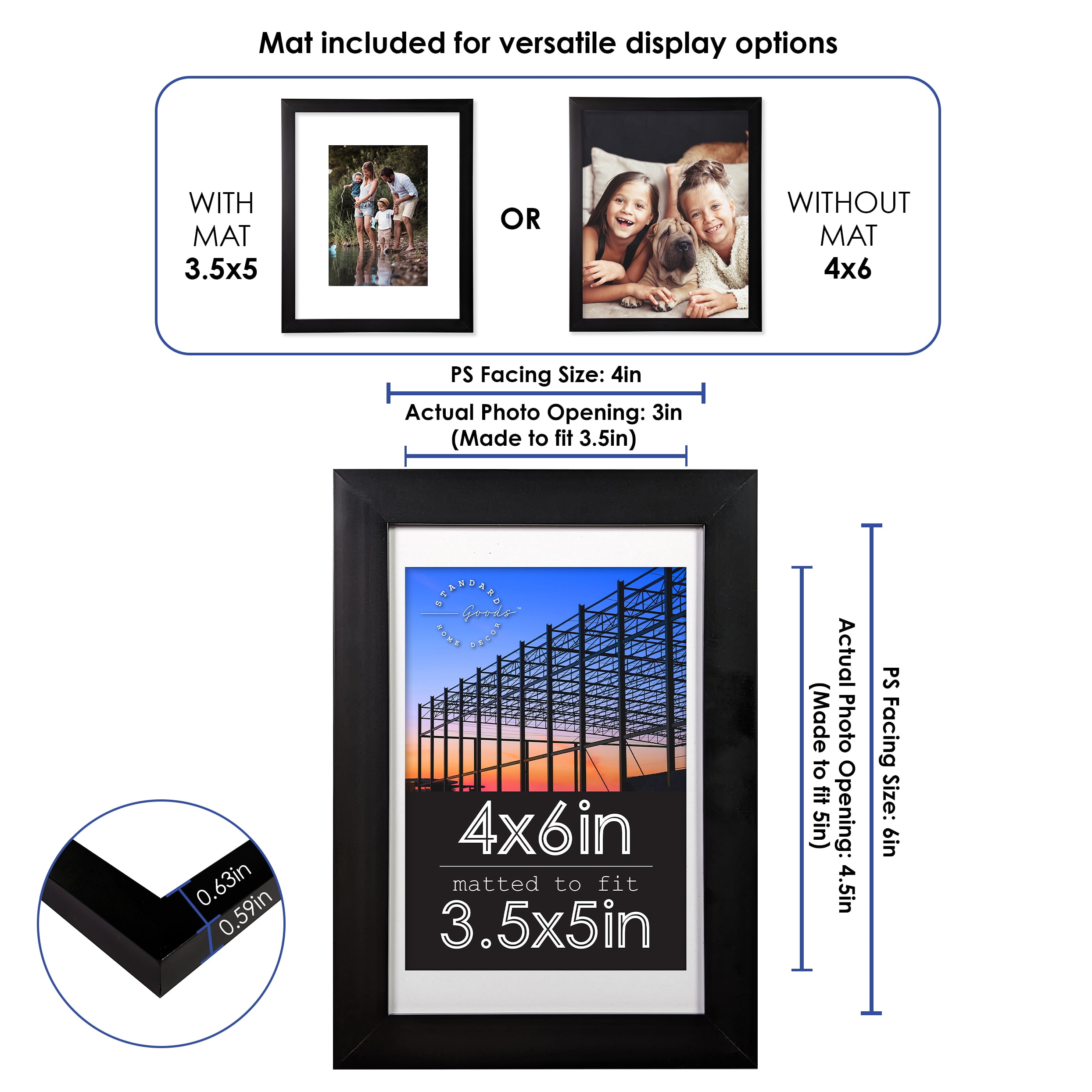 Standard Goods Home Décor 4x6 Matted to 3.5x5 Black Linear Picture Frame, 5-Pack for Wall or Table Display.