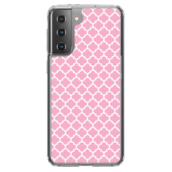 DistinctInk Clear Shockproof Hybrid Case for Galaxy S21 5G (6.2" Screen) - TPU Bumper, Acrylic Back, Tempered Glass Screen Protector - Pink White Moroccan Lattice