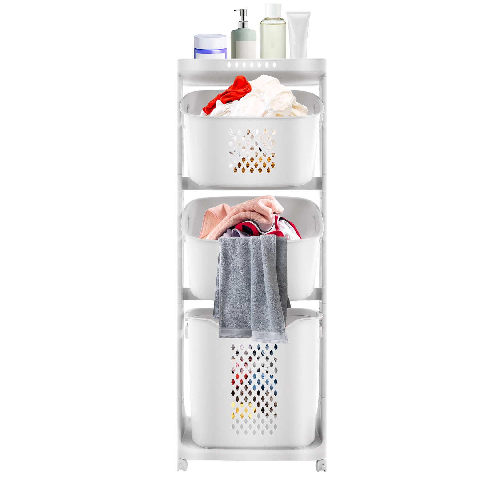 3 Tiers Laundry Basket with Wheels, Laundry Sorter Hamper, Rolling Organizer Shelf Cart for Dirty Clothes